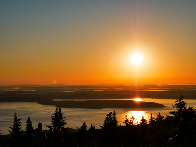 Sunrise over Porcupine Islands from the overlook of Cadillac Mountain.