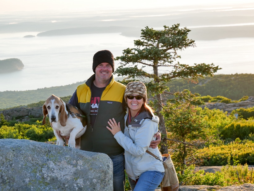 My friends Eric and Rachel Wiser just after sunrise at Cadillac Mountain with their pup Charlie. We layered up with jackets and hats on this cold morning.