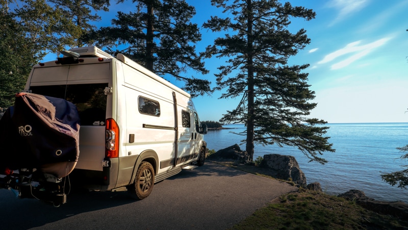 My van at Schoodic Peninsula in Maine. It's only 20 feet long, but with the bike rack it's too long to summit Cadillac Mountain.